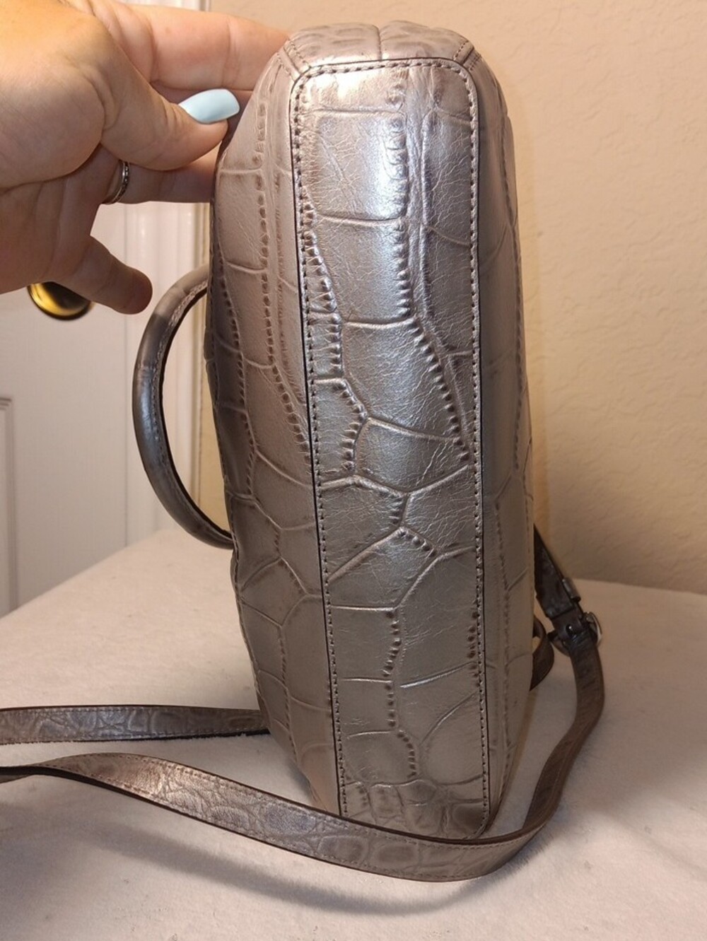 Coach Ashley Metallic Croc-Embossed Mini Tote Bag (F20344) in Silver - Picture 8 of 16